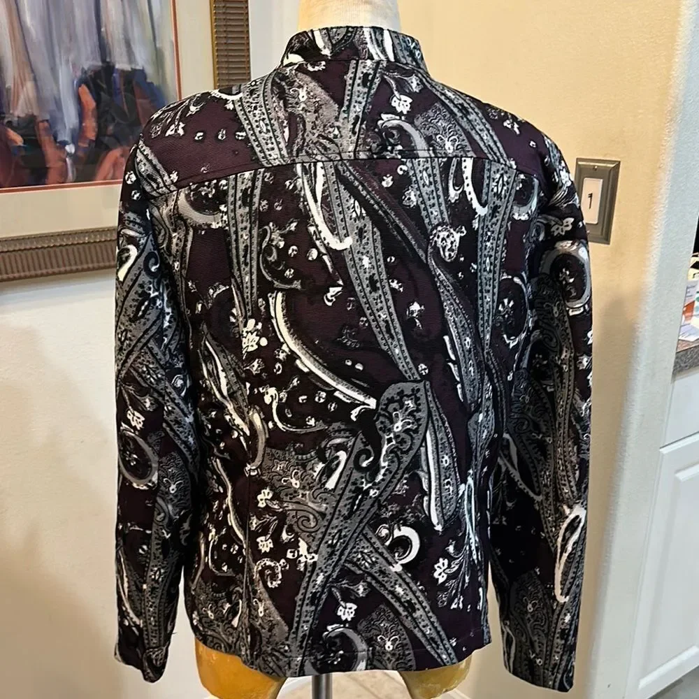 Chico's Burgundy/Black/White Paisley Pattern Jacket Size 2-Large